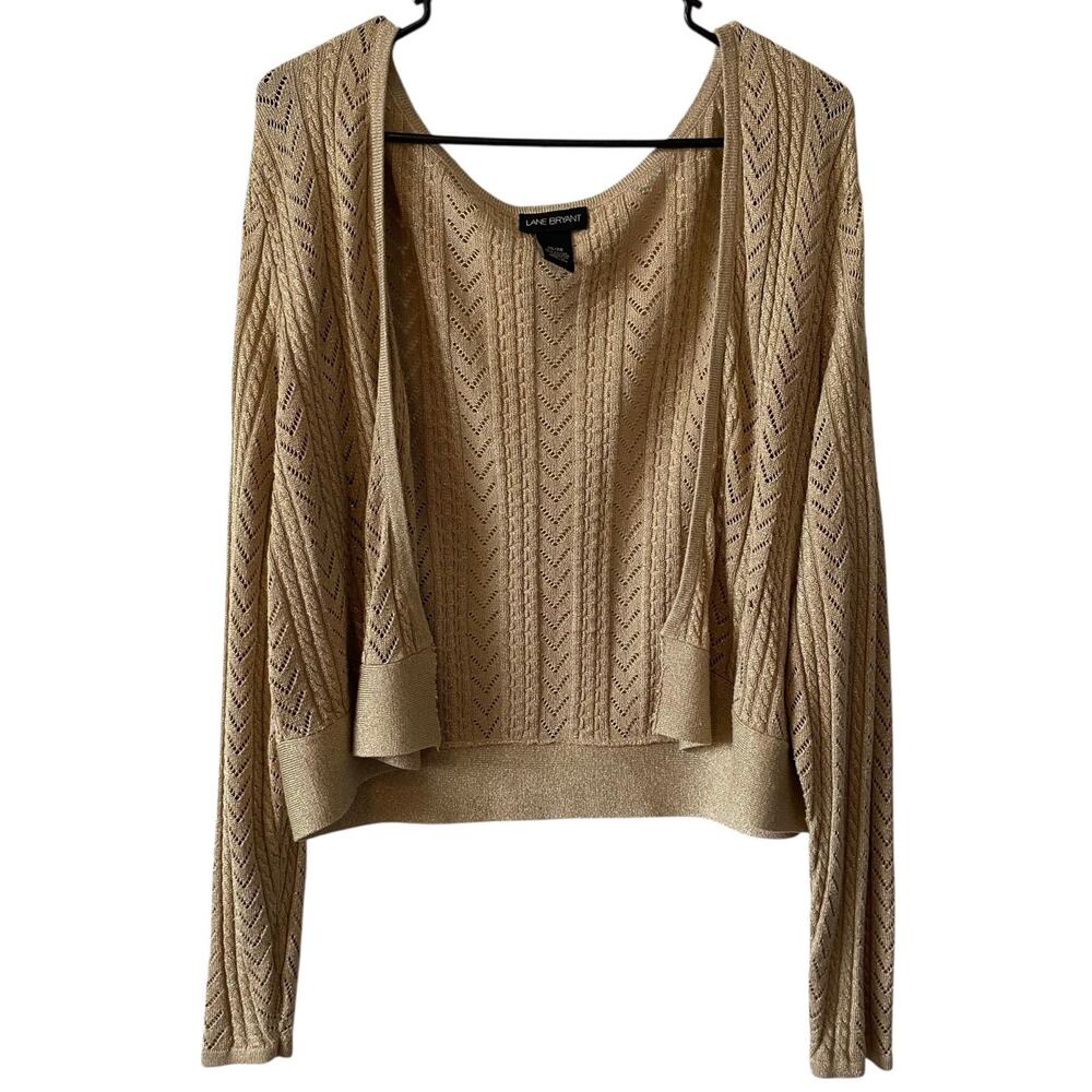 LANE BRYANT Open Front Metallic Knit Long Sleeve Cardigan Sweater Tan Size 26/28
